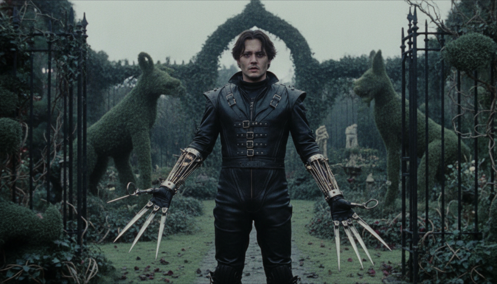 A real film still of Johnny Depp as Edward Scissorhands showing his distinctive costume and makeup