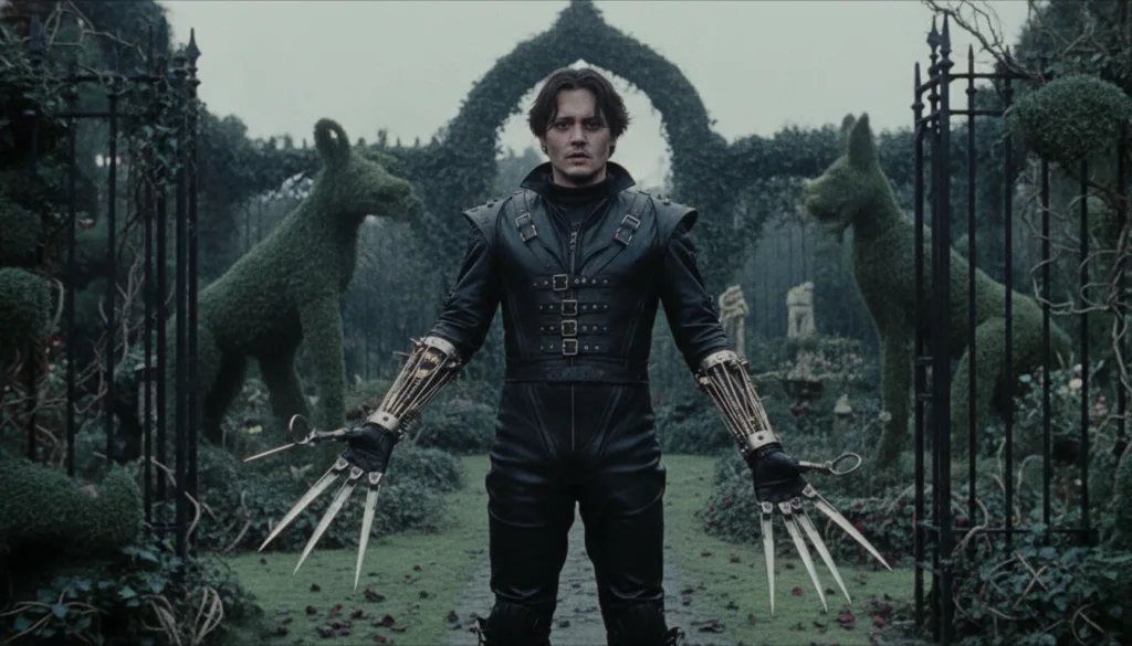 A real film still of Johnny Depp as Edward Scissorhands showing his distinctive costume and makeup