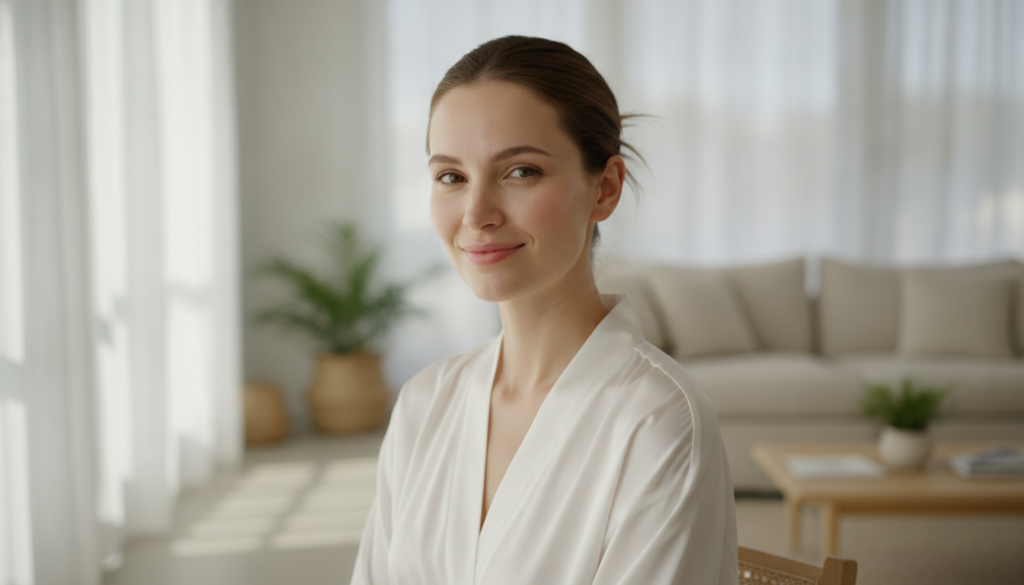 A radiant woman smiling with clear glowing skin subtly suggesting the positive effects of a good skincare routine