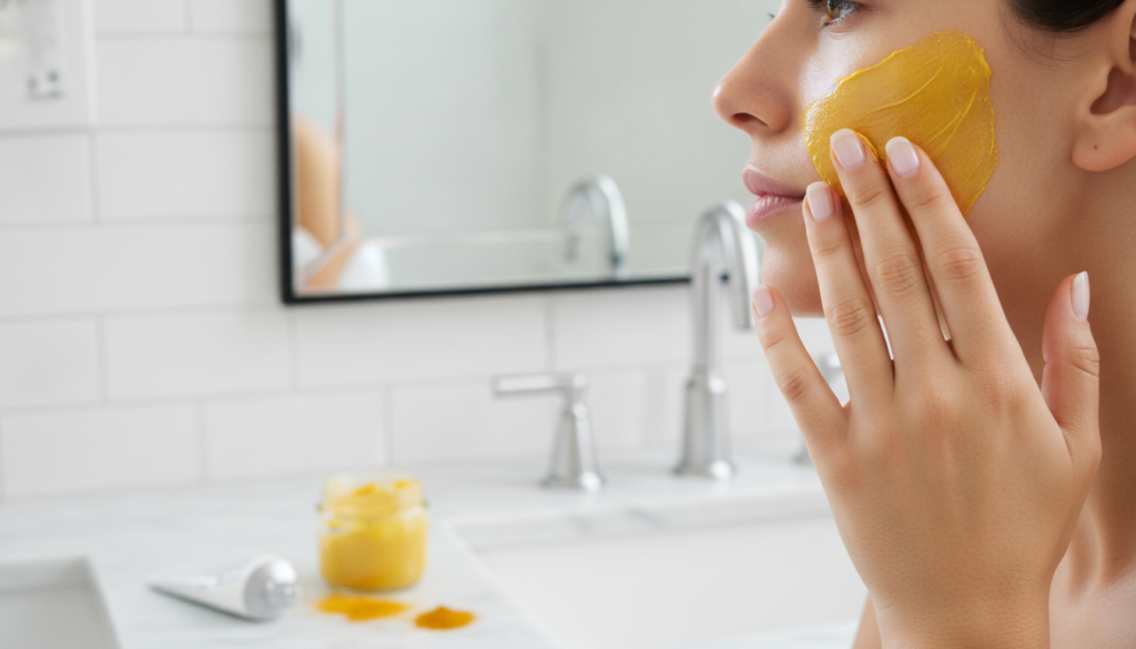 A woman s hand gently applying the yellow Vaseline and turmeric paste to her cheek demonstrating the application process