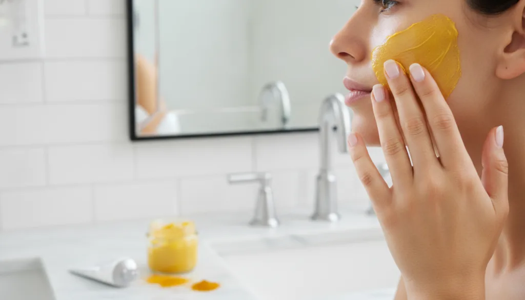 A woman s hand gently applying the yellow Vaseline and turmeric paste to her cheek demonstrating the application process