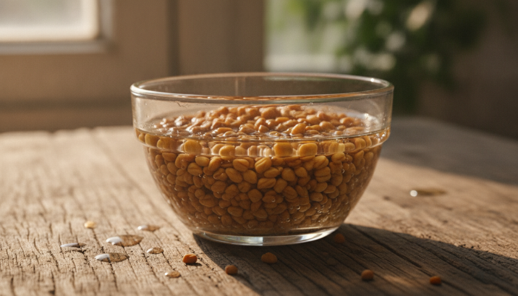 A close-up shot of fenugreek seeds soaking in a glass bowl of water overnight showing the seeds plumped up and ready for