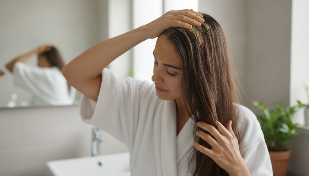 A woman applying a creamy fenugreek hair mask to her scalp and hair with her fingertips showing the texture of the mask 