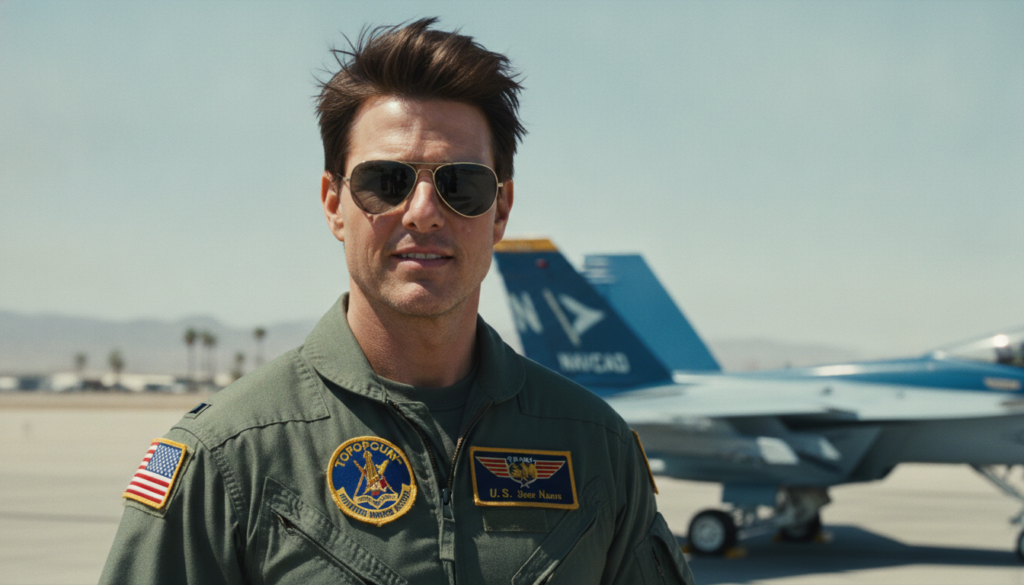 Tom Cruise as Maverick in Top Gun wearing a flight suit and aviator sunglasses with a jet in the background