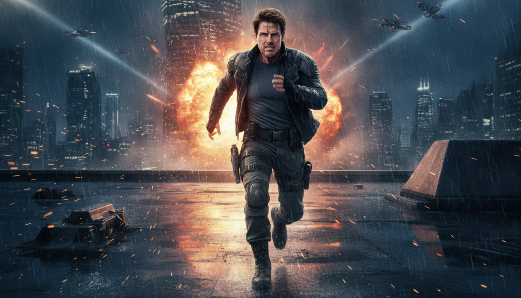Tom Cruise on a movie set looking determined and in action perhaps performing a stunt or in a dramatic pose