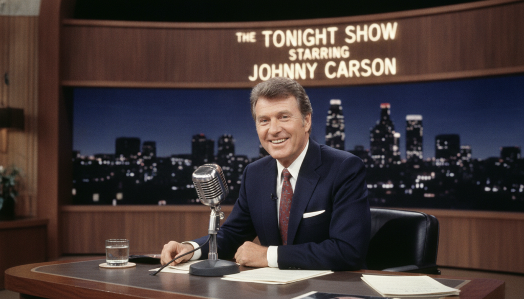 Johnny Carson seated behind a desk on the set of The Tonight Show smiling at the camera with a microphone and a guest ch