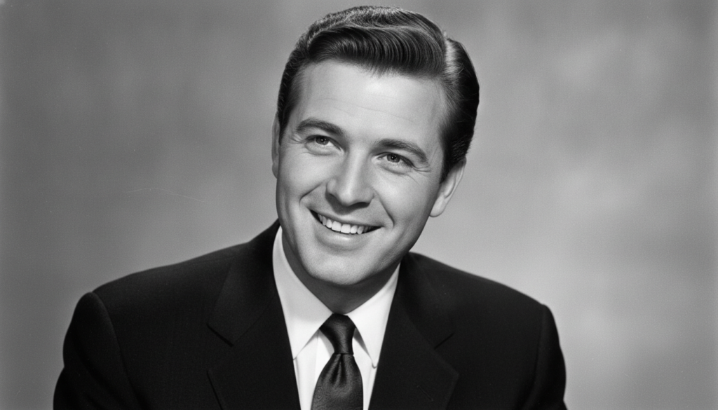 A black and white publicity photo of a young Johnny Carson smiling and looking charismatic