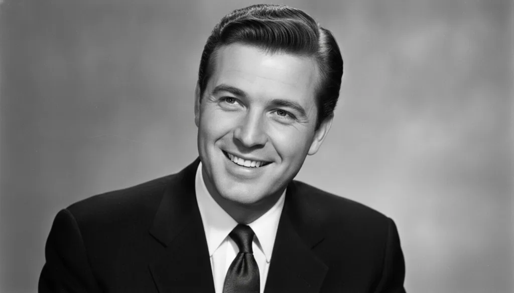A black and white publicity photo of a young Johnny Carson smiling and looking charismatic