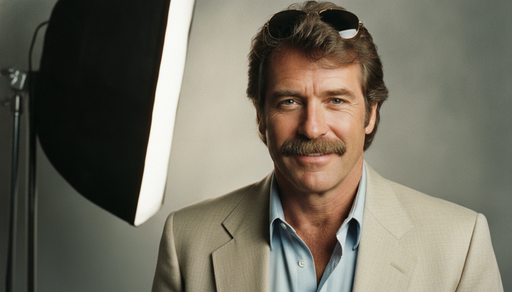 A close-up publicity photo of Tom Selleck from the 1980s featuring his famous mustache and a confident expression