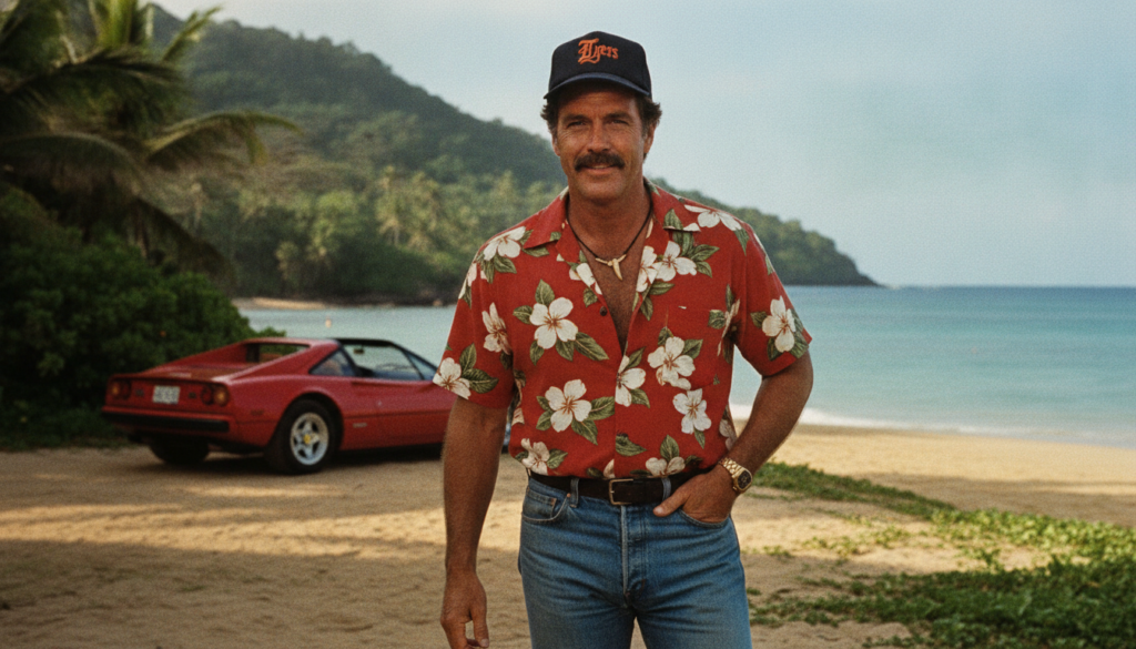 A real film still from Magnum P I showing Tom Selleck as Thomas Magnum possibly in a Hawaiian shirt or a knit sweater in