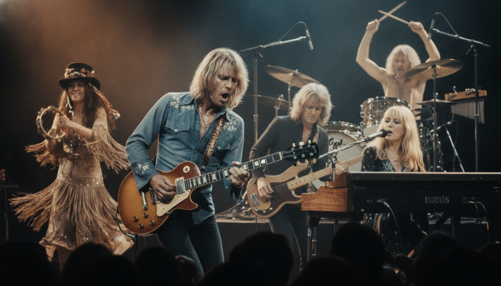 A vintage photo of Fleetwood Mac from the 1970s featuring Lindsey Buckingham on guitar performing on stage with the othe
