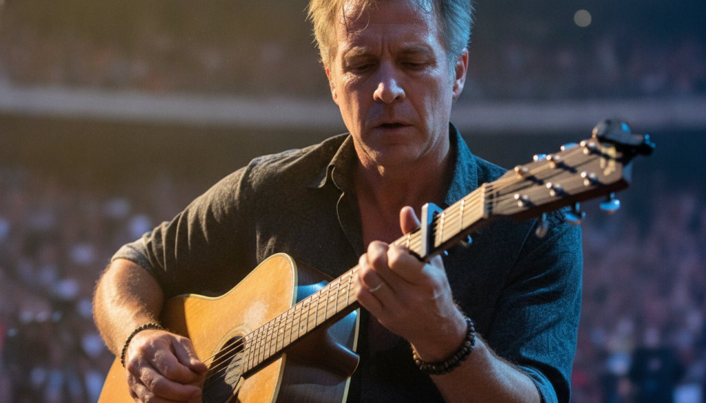 Close-up of Lindsey Buckingham playing an acoustic guitar with his fingers showcasing his unique fingerstyle technique d