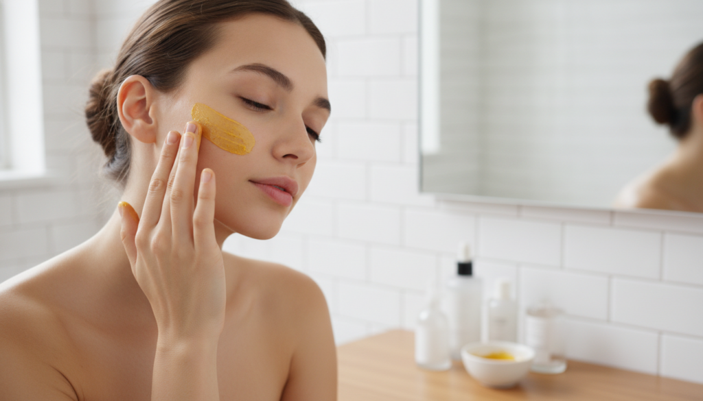 A woman gently applying the golden Vaseline and turmeric paste to her cheek demonstrating the application process in a w