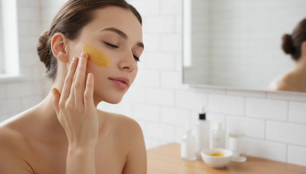 A woman gently applying the golden Vaseline and turmeric paste to her cheek demonstrating the application process in a w