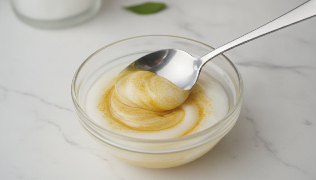 A close-up shot of Vaseline and turmeric powder being mixed together in a small bowl with a spoon showing the transition