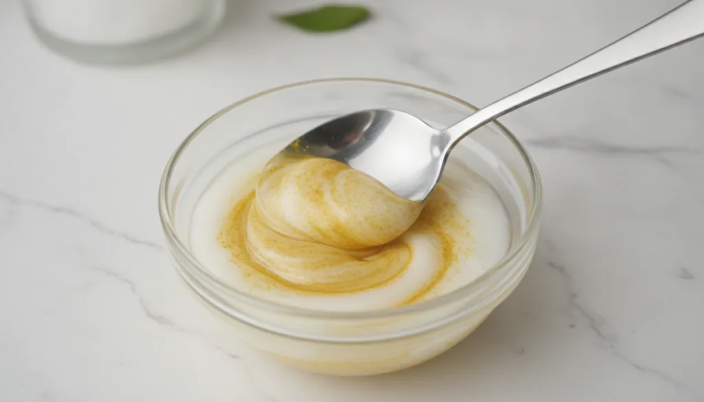 A close-up shot of Vaseline and turmeric powder being mixed together in a small bowl with a spoon showing the transition