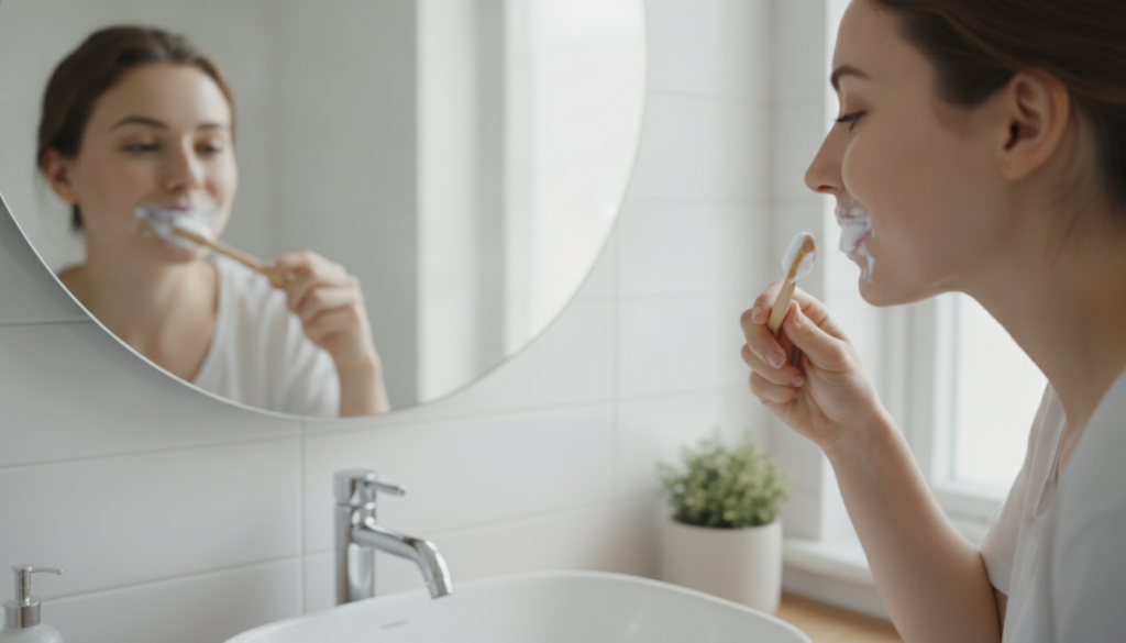 A woman gently brushing her teeth with a natural homemade paste looking in a mirror