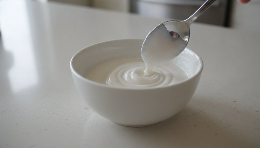 A small bowl with coconut oil and baking soda being mixed into a paste with a spoon