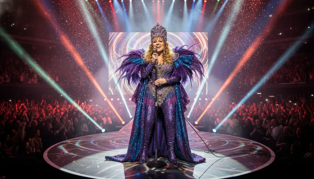 Bette Midler performing on stage later in her career under dramatic lighting with a microphone in hand exuding energy an