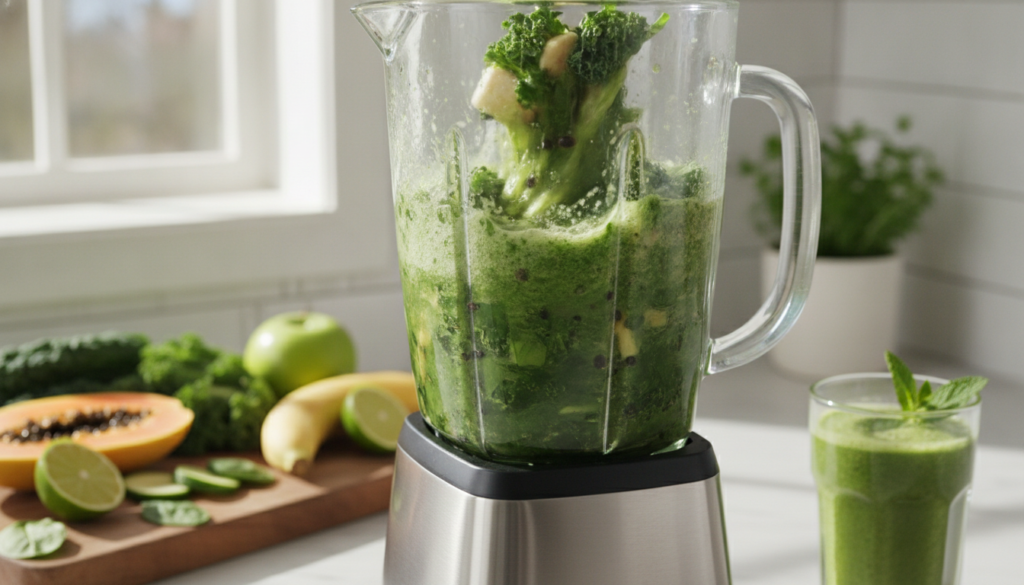 A blender preparing a healthy smoothie with visible papaya seeds and fresh fruits