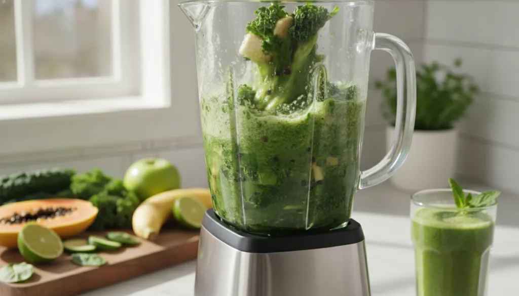 A blender preparing a healthy smoothie with visible papaya seeds and fresh fruits