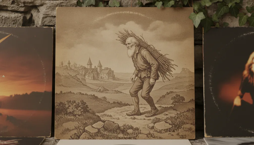 A vintage album cover for a Led Zeppelin record featuring their iconic artwork