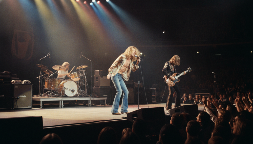 Real concert photo of Led Zeppelin performing live on stage in the 1970s with Robert Plant singing and Jimmy Page playin