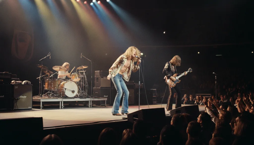 Real concert photo of Led Zeppelin performing live on stage in the 1970s with Robert Plant singing and Jimmy Page playin
