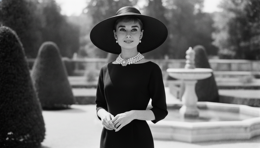 A real publicity photo of Audrey Hepburn from the 1960s possibly from Breakfast at Tiffany s wearing a chic dress and pe