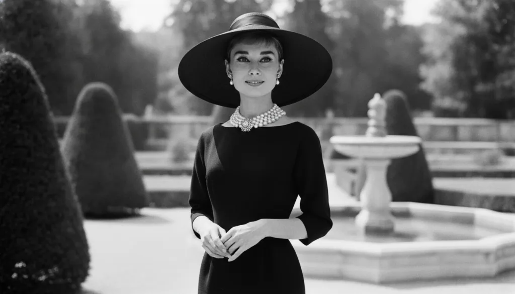 A real publicity photo of Audrey Hepburn from the 1960s possibly from Breakfast at Tiffany s wearing a chic dress and pe