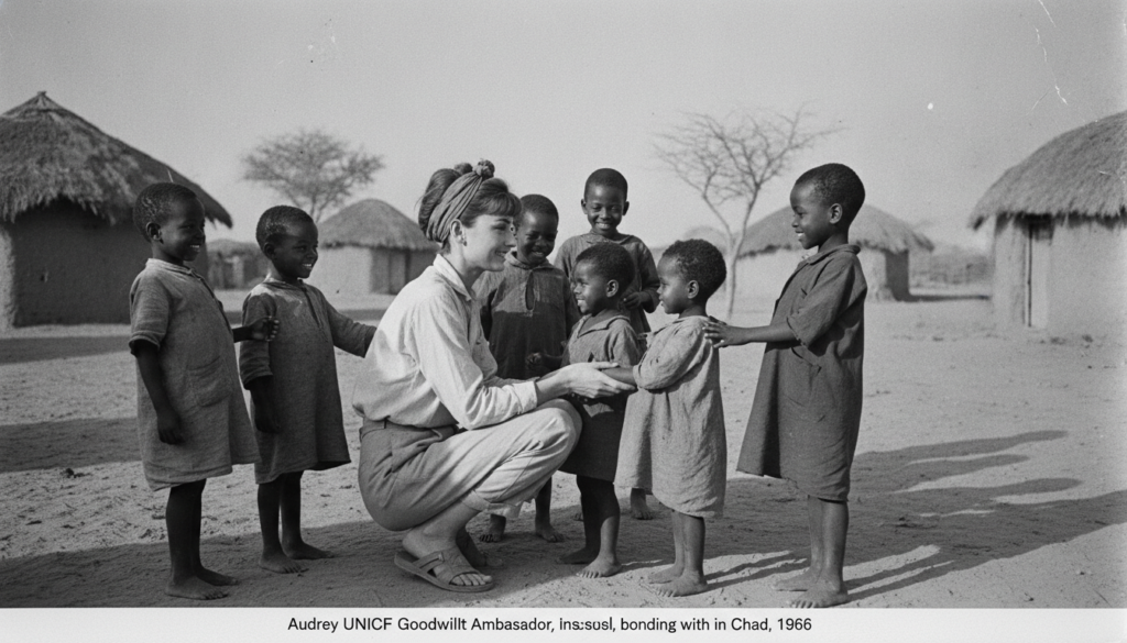 A real archival photo of Audrey Hepburn on a UNICEF mission interacting with children in a less developed country showin
