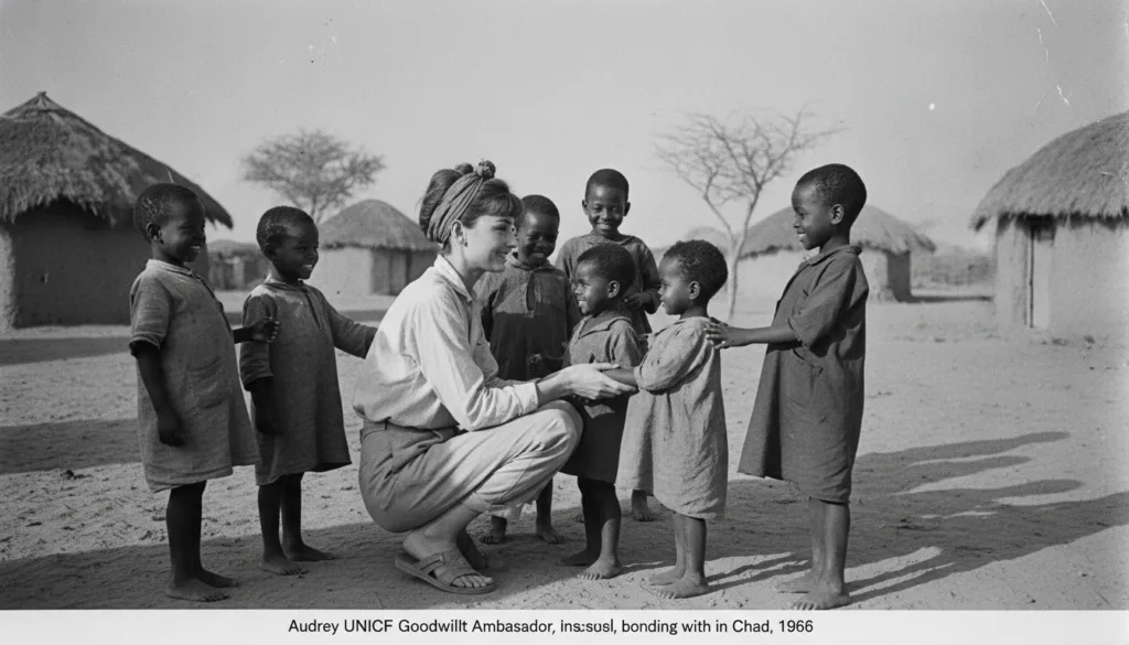 A real archival photo of Audrey Hepburn on a UNICEF mission interacting with children in a less developed country showin