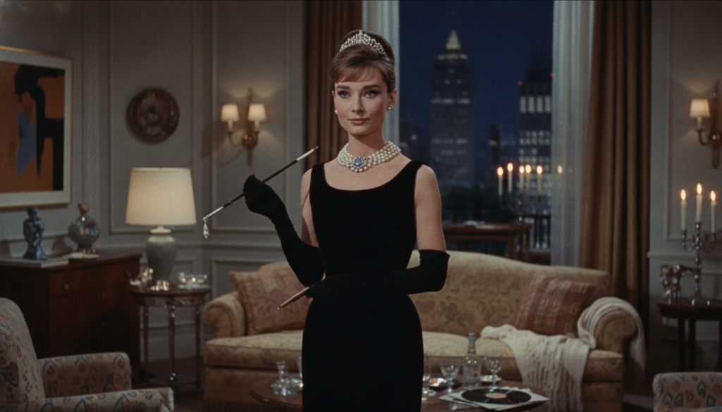 A real film still or poster from Breakfast at Tiffany s featuring Audrey Hepburn as Holly Golightly looking sophisticate