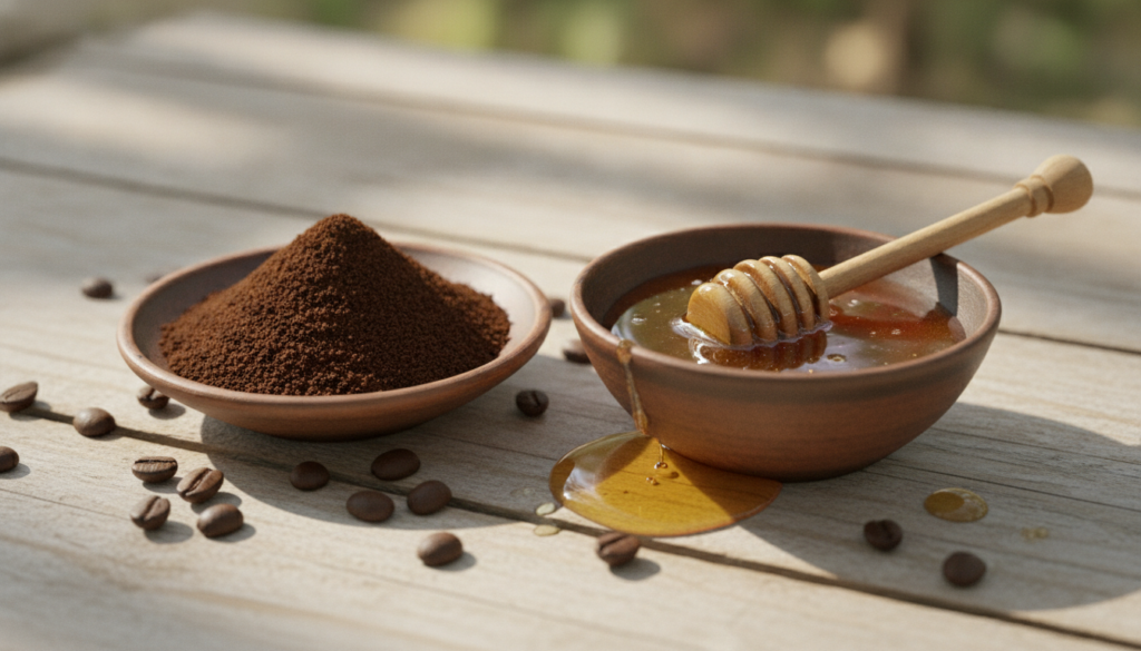 Two small bowls on a wooden surface one filled with fine coffee grounds and the other with golden honey showcasing the s