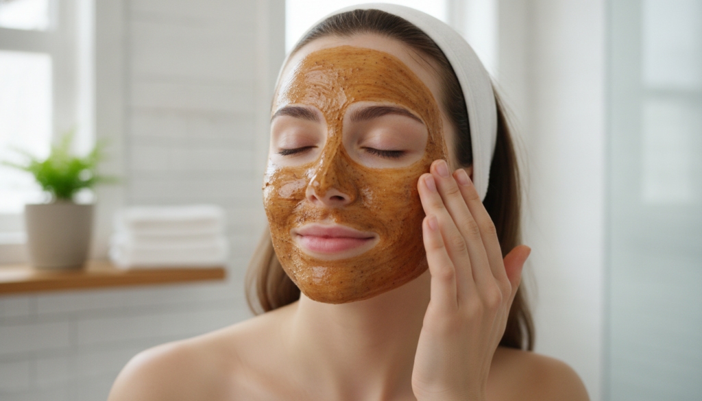 A woman gently applying the coffee and honey face mask to her clean face with a focus on the smooth application and the 