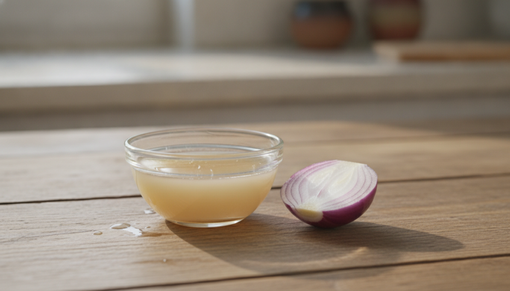 Close-up shot of freshly extracted onion juice in a small glass bowl with a piece of red onion next to it The texture of