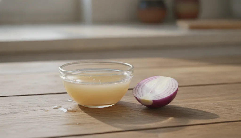 Close-up shot of freshly extracted onion juice in a small glass bowl with a piece of red onion next to it The texture of