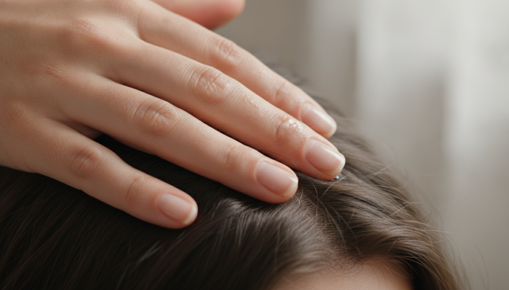 A hand gently massaging onion juice into a scalp with visible hair roots The focus is on the application process showing