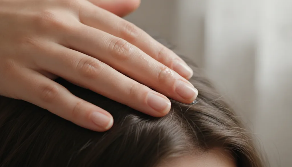 A hand gently massaging onion juice into a scalp with visible hair roots The focus is on the application process showing