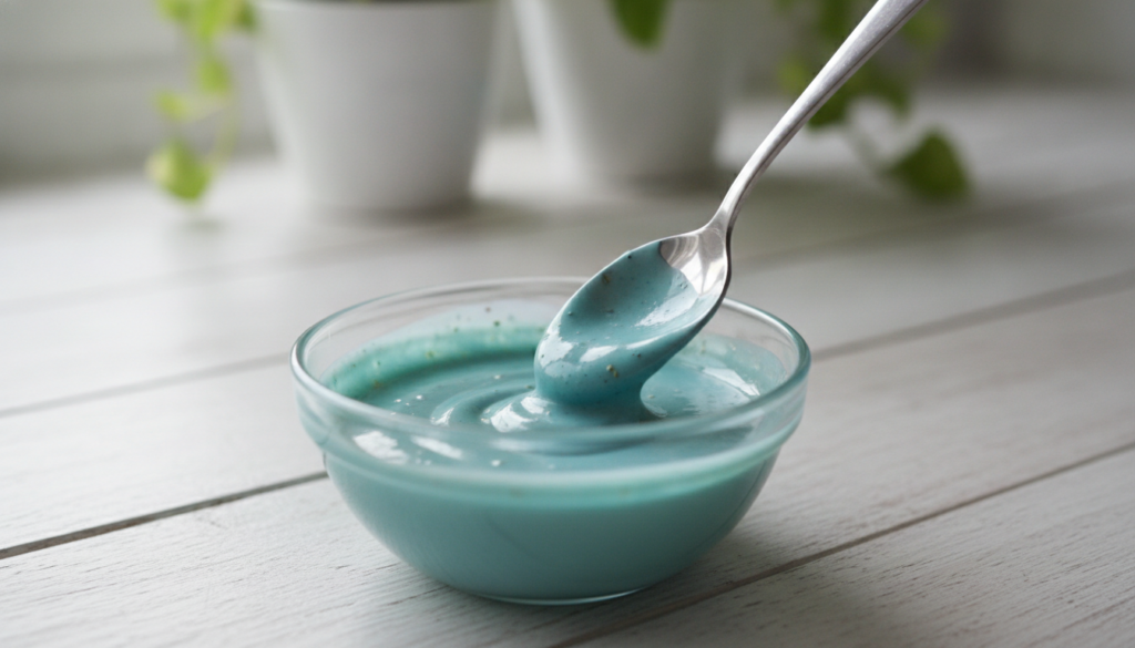 A close-up shot of a small bowl containing the freshly mixed DIY peel-off mask with a spoon stirring the smooth viscous 