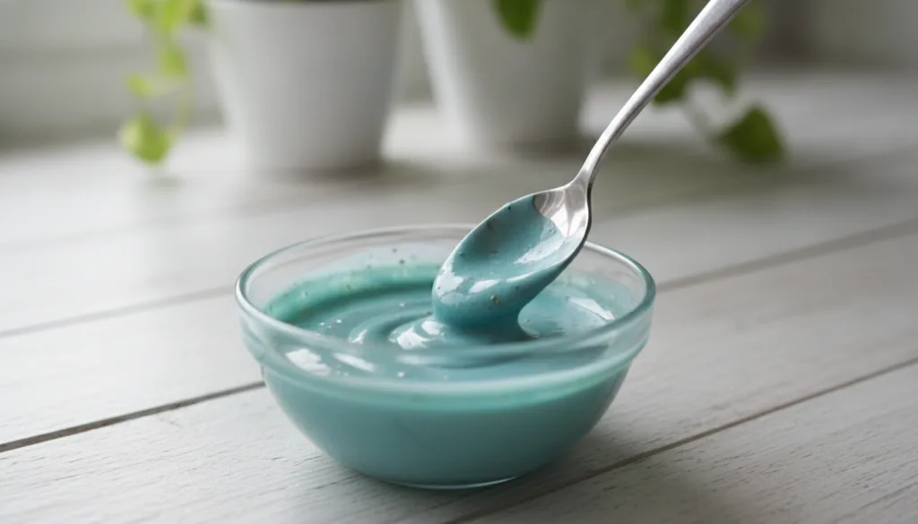 A close-up shot of a small bowl containing the freshly mixed DIY peel-off mask with a spoon stirring the smooth viscous 