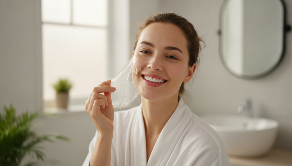 A woman gently peeling off a dry face mask from her cheek revealing smooth glowing skin underneath