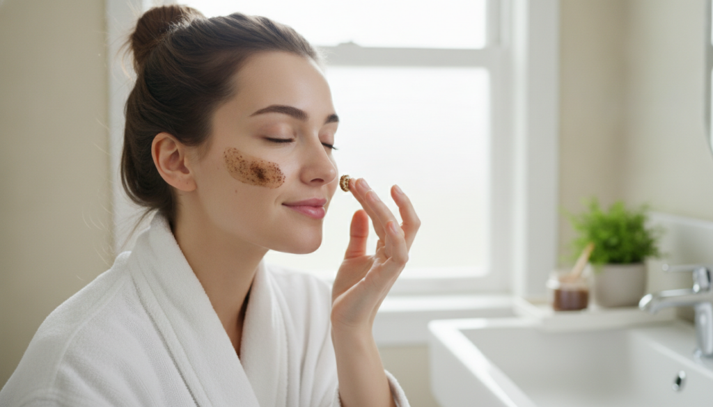 A woman with clean hands gently applying the Vaseline and coffee mask to her cheek in a well-lit bathroom setting