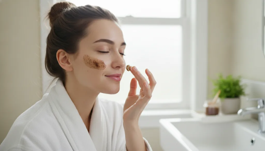 A woman with clean hands gently applying the Vaseline and coffee mask to her cheek in a well-lit bathroom setting