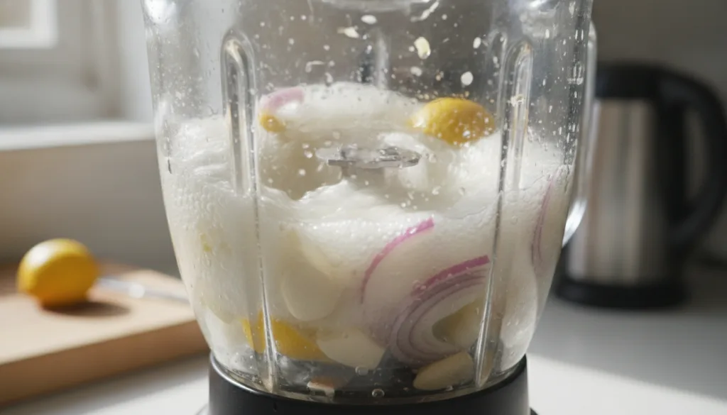 A close-up shot of the elixir being blended in a high-speed blender showing the liquid mixture in motion