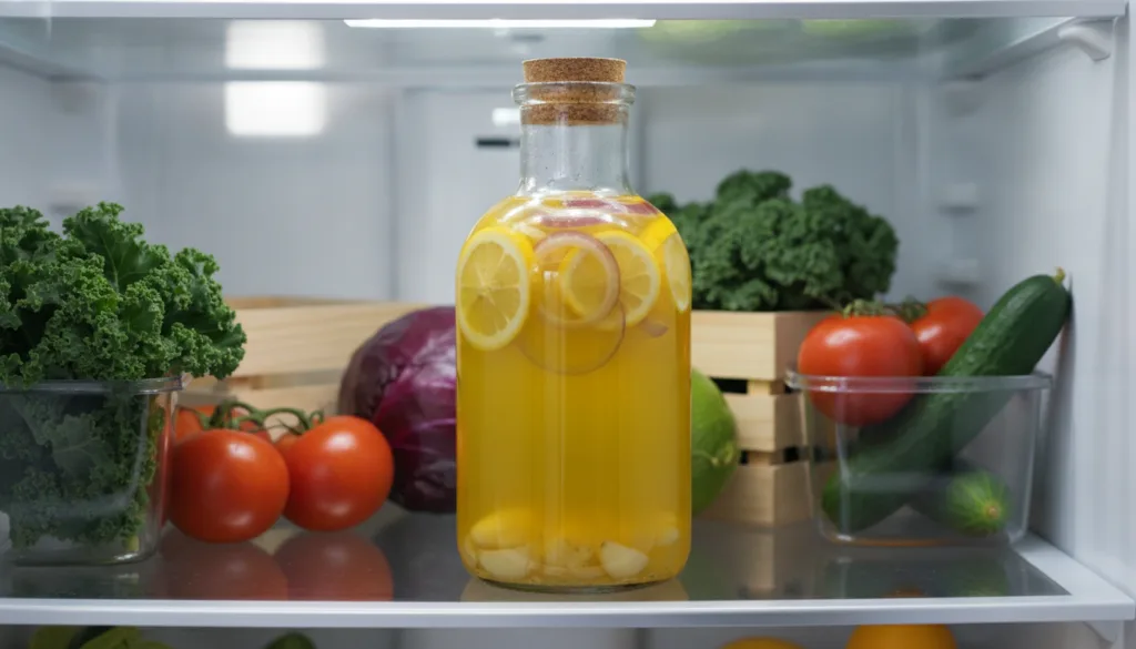 A glass jar filled with the prepared Lemon Onion and Garlic Elixir clearly showing its liquid consistency placed in a re