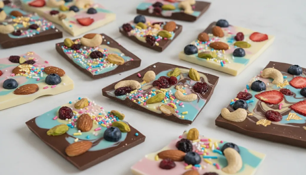 A vibrant and colorful chocolate bark with various toppings like sprinkles nuts and dried fruits broken into irregular p