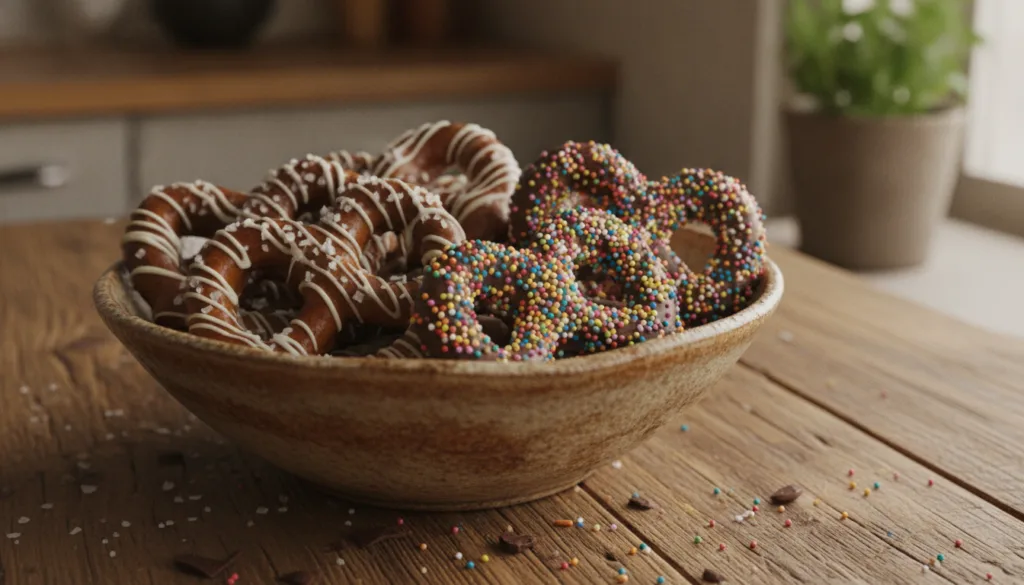 Assorted chocolate-covered pretzels some drizzled with white chocolate some sprinkled with sea salt and others with colo