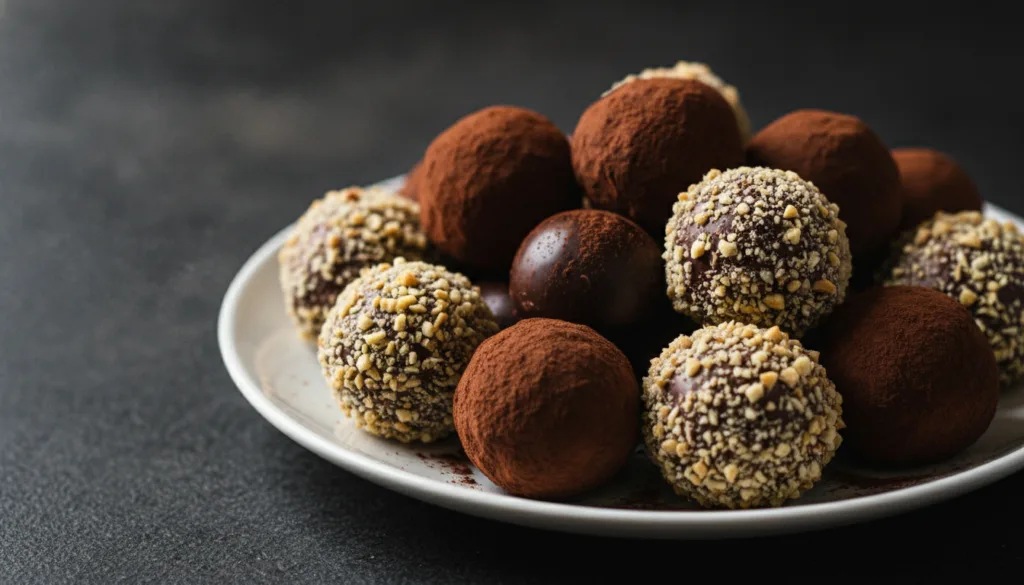 Rich dark chocolate hazelnut truffles dusted with cocoa powder and finely chopped hazelnuts artfully arranged on a servi