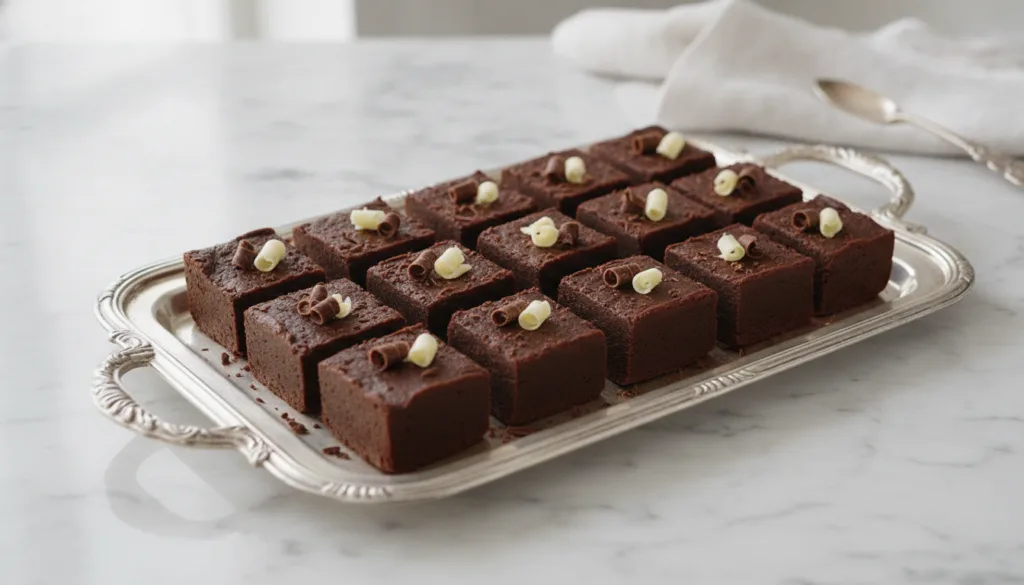 A pan of rich dense cut squares of no-bake chocolate fudge topped with a few chocolate shavings